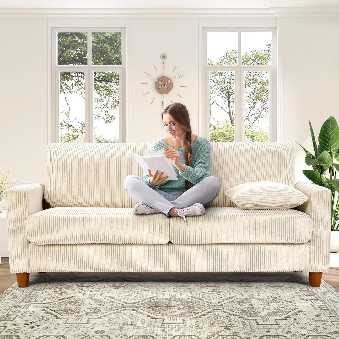 70in Corduroy Couch, Kidirect Sofa No Tool Assembly, Comfy Couches for Living Room 21in Deeper Seats, Corduroy Sofas for Living Room with 2 Pillows, Oversized Loveseat Sofa, Boho Love Seat Beige Couch