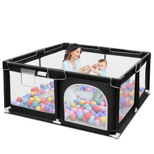 Baby Playpen with Mat, 50x50 Inch Playpen with Mat Waterproof for Babies and Toddlers Play Pen Playards Safety Gate Fence Active Center Indoor, Black
