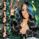 Blue Green Highlight Lace Front Wigs for Women Pre-plucked Hairline Glueless 13X4 Inch Synthetic Lace Front Wig with Baby Hair Long Loose Body Wave Wigs for Daily Party Wig