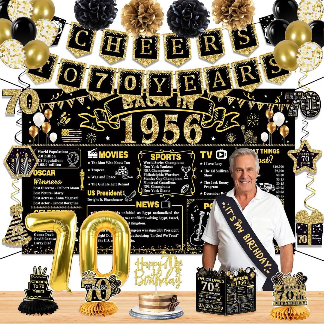 70th Birthday Decorations for Men Women,18PCS 1956 Banner Decorations,Including 3 Honeycomb Topper,75 Balloons,Cheers to 70 Years Banner,6 Hanging Swirl,4 Paper Poms,Anniversary Card,Sash