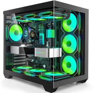 Gaming PC Case, ATX Cpmputer CASE with 7 PWM ARGB Fans Pre-Installed,Type-C Full-View Dual Tempered Glass, Mid Tower Computer CASE Black, (H4)