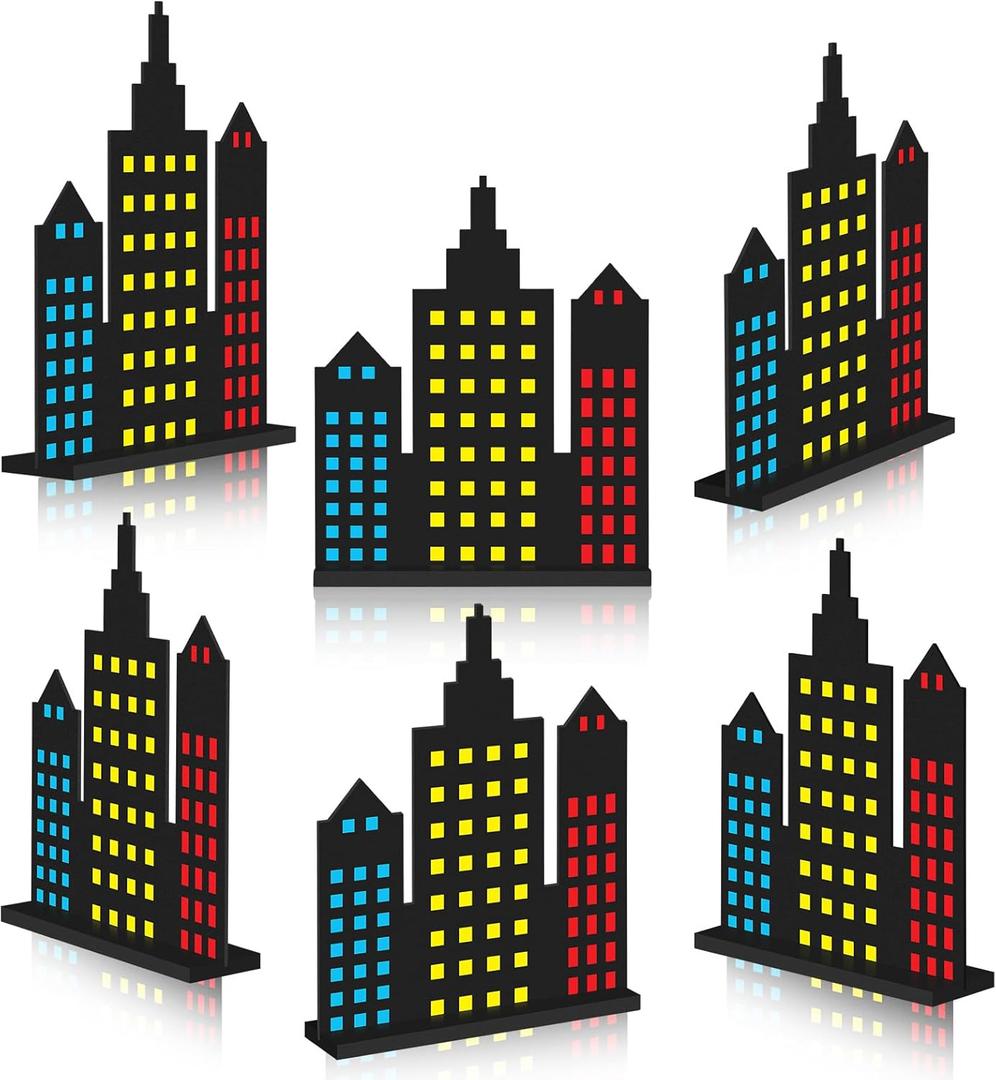 Vicenpal 6 Pcs Skyscraper Party Decorations Wooden Hero Theme Skyscraper Table Decor City Skyline Buildings Centerpiece Sign Decor for Hero Theme Comic Birthday Party Supplies