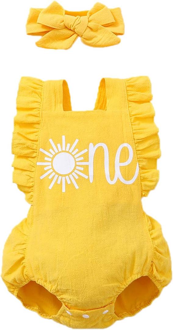 Detigee Baby Girl 1st Birthday Bodysuit Infant Backless Outfit (Yellow Sun, 12-18 Months)