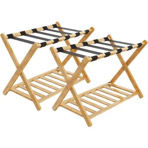 Luggage Racks, Folding Bamboo Suitcase Stand with Storage Shelf and Nylon Straps, Luggage Holders Assembled Suitcase Storage Caddy Holder for Guest Room, Hotel, Bedroom, Natural, Pack of 2