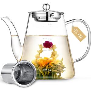 1500ml Glass Teapot, Large Tea Pot with Infuser for Loose Tea and Blooming Tea, Stovetop Safe Tea Kettle, Hand Crafted Borosilicate Glass Tea Maker with Scale Line, Tea Gift Set for Tea Lovers