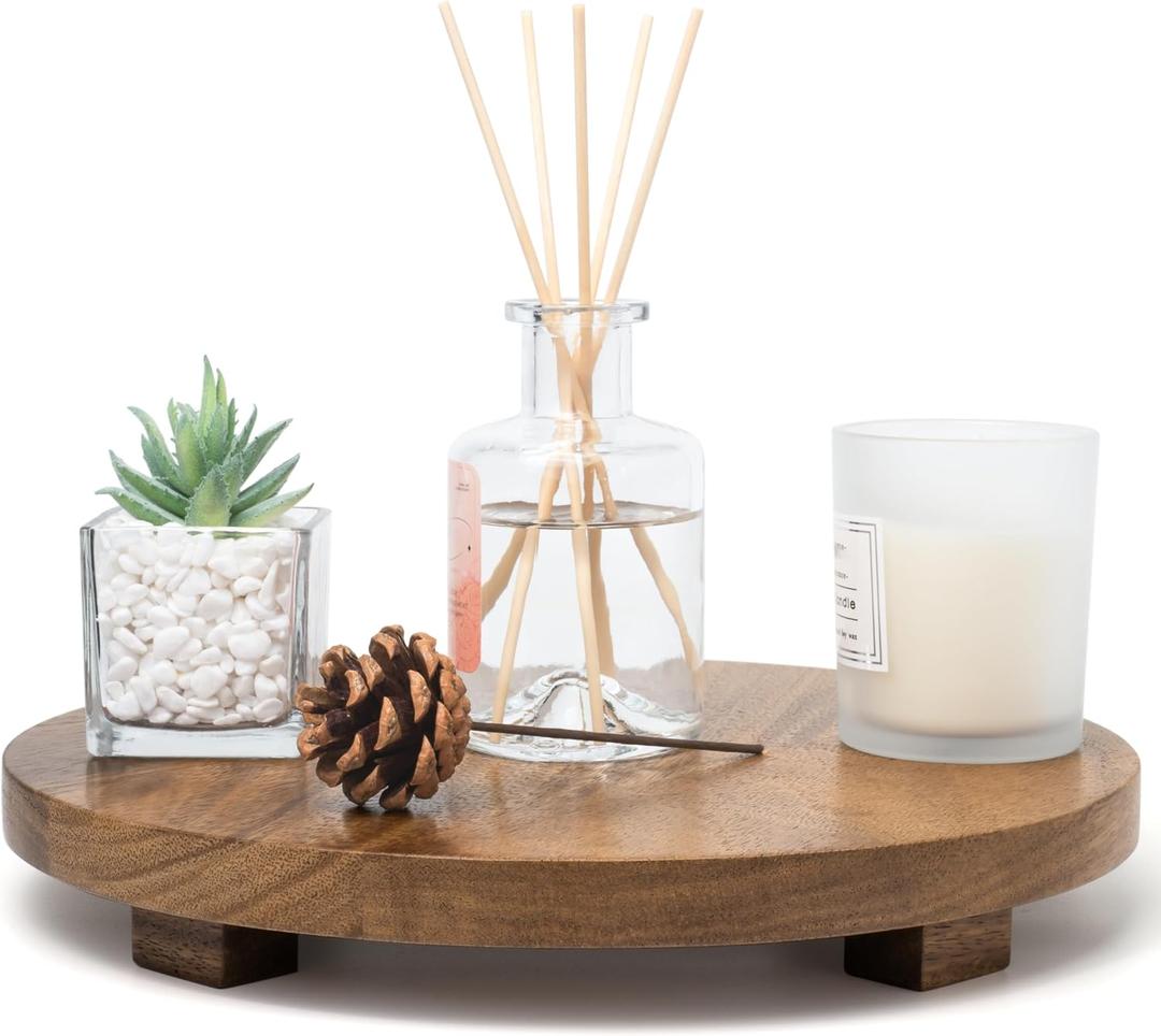 Round 11.8" Acacia Wood Decorative Tray – Farmhouse Wood Riser Pedestal Stand for Kitchen and Bathroom Decor, Counter Display, Vanity Tray (Large, 11.8" Dia)