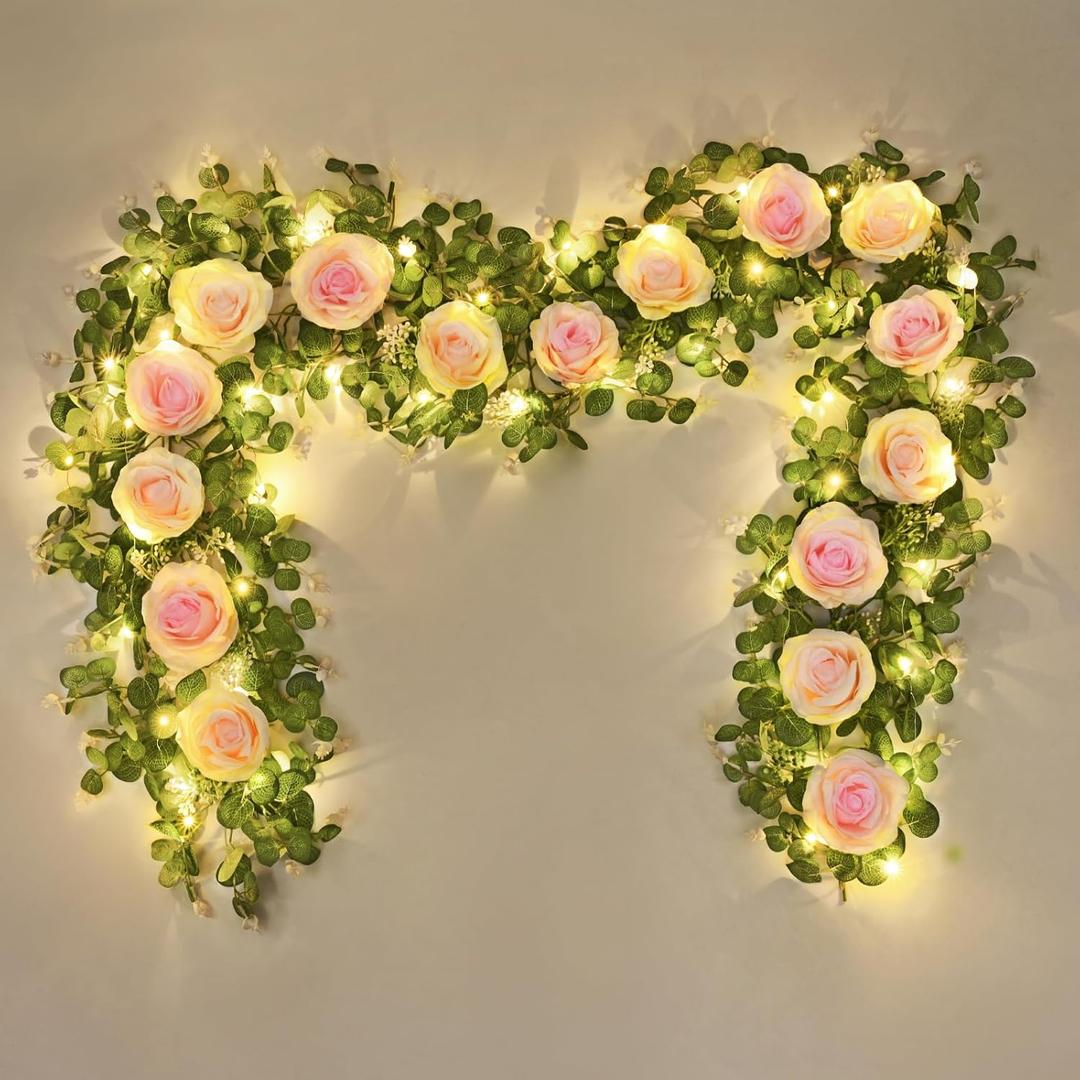 Dolicer 2Pcs Artificial Eucalyptus Garlands with Flowers - 8 Roses, Faux Floral Greenery Garlands Fake Flower Vines for Wedding Table Centerpieces Arch Party Decor (Pink)