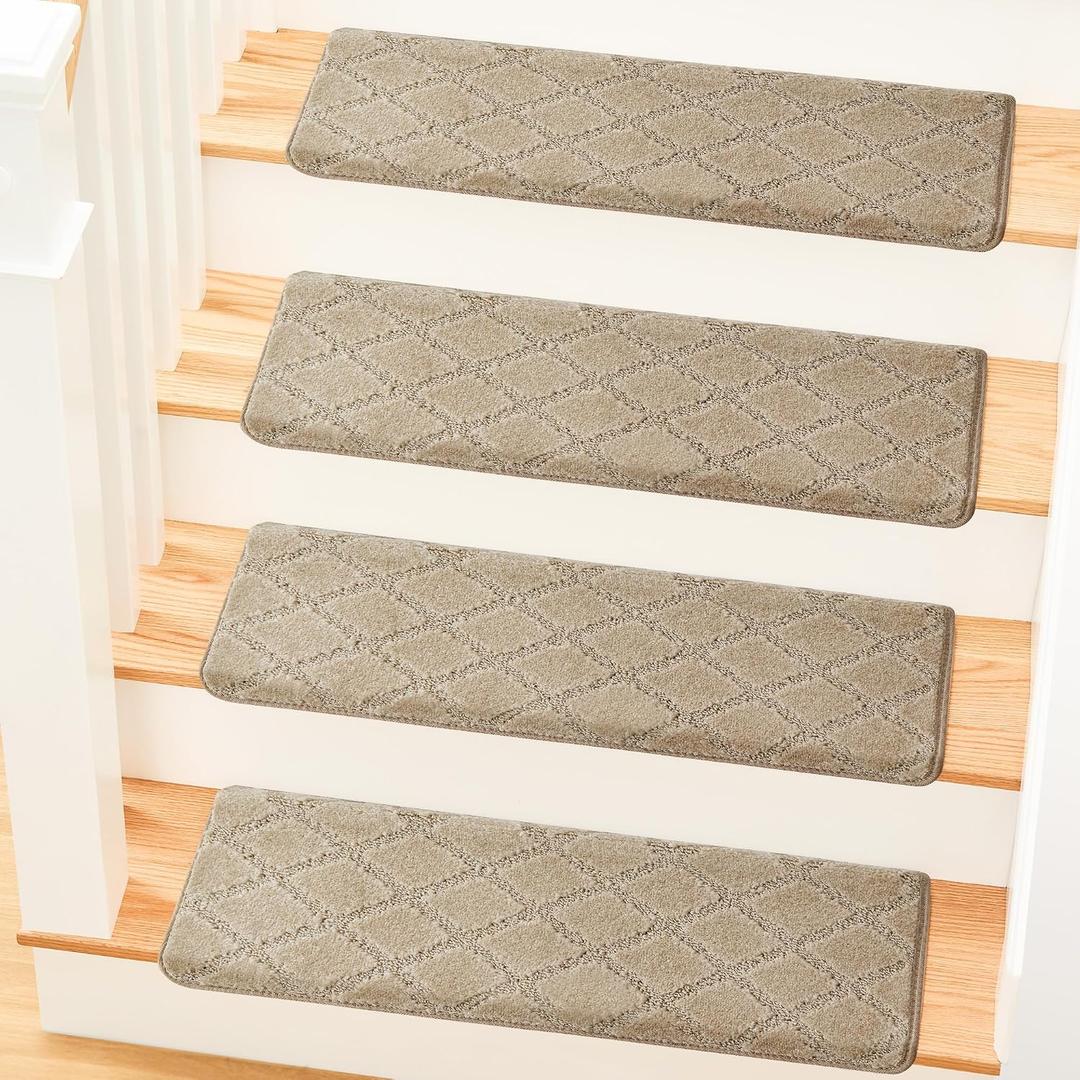 MBIGM Bullnose Carpet Stair Treads Non Slip Stair Mats for Wooden Stairs (14, Warm Ivory - Diamond, 9.5" x 30")