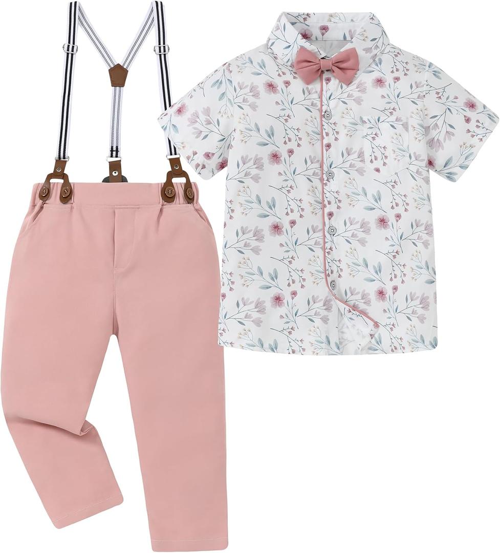 DISAUR Boys Suits 3 Pieces Formal Dress Shirt with Bowtie+Suspender Pants Boy Gentleman Outfits Set (Pink, 4-5T)