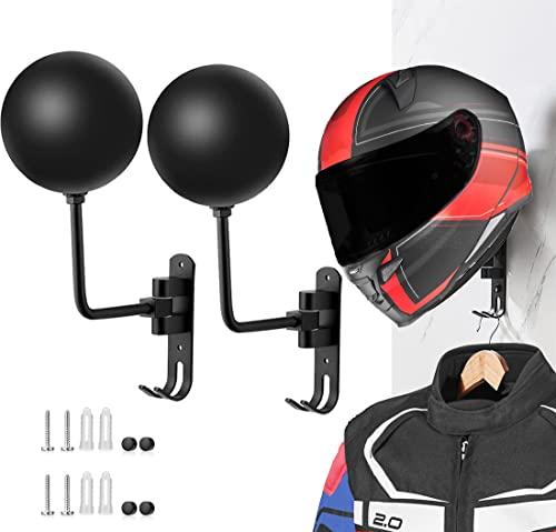 SANGMO 180° Motorcycle Helmet Rack, Rotation Metal Helmet Holder Wall Mounted Helmet Rack Motorcycle with 2 Hooks Helmet Hanger for Motorcycle Bike Coats, Caps, Baseballs and Rugby Helmet (1 Pack)
