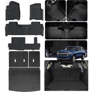 Floor Mats & Trunk Mat with Backrest Set for 2021-2024 2025 Chevrolet/Chevy Suburban 8 Seats (2 Row Bucket Seats)/GMC Yukon XL(Only XL)/Cadillac Escalade ESV, TPE Car Floor Liners with Cargo Liner