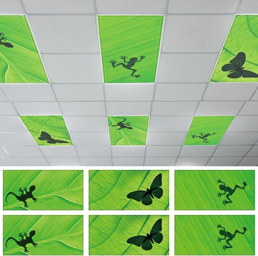6 Pcs Fluorescent Light Covers with 60 Magnets Decorative for Classroom Ceiling Lights 4 x 2 Feet Magnetic Light Cover Filter Easy Install for Office Hospital Home Ceiling Supplies (Green Leaf Frog)