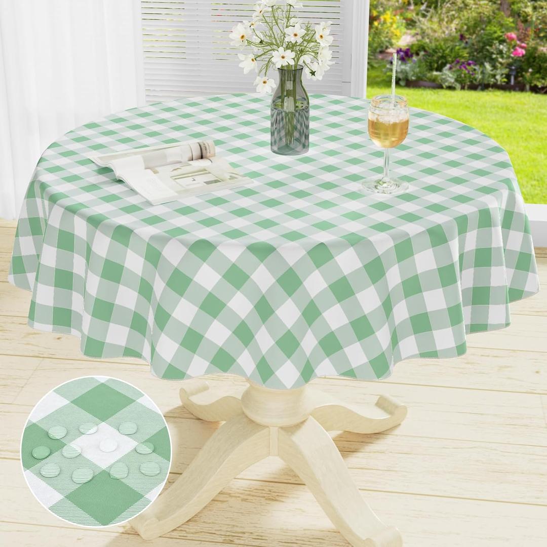 misaya Round Waterproof Vinyl Table Cloth, Buffalo Flannel Backed Tablecloth, Wipeable Plastic Table Cover for Dinner, Kitchen, Outdoor (60", Sage Green and White)