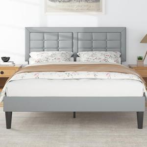 VECELO Queen Size Bed Frame with Adjustable Headboard, Upholstered Button Tufted Platform Bedframe with Wood Slats Support, No Box Spring Needed, Linen & Light Grey