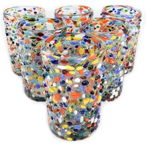Confetti Rocks 14 oz Drinking Glasses (set of 6) Mexican Handmade Multicolor Glassware, Recycled Glass, Lead-free, Toxin-Free (Drinking)