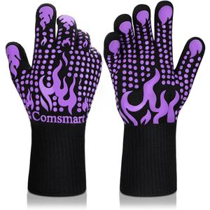 Comsmart BBQ Gloves, 1472 Degree F Heat Resistant Grilling Gloves Silicone Non-Slip Oven Gloves Long Kitchen Gloves for Barbecue, Cooking, Baking(Purple) 