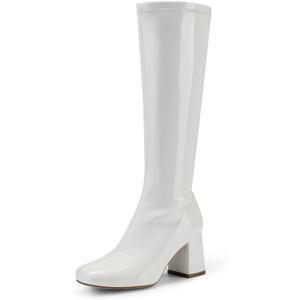 DREAM PAIRS Women's Gogo Boots Square Toe Chunky Wide Calf Knee High Boots For Women (11, White/Patent/Pu)