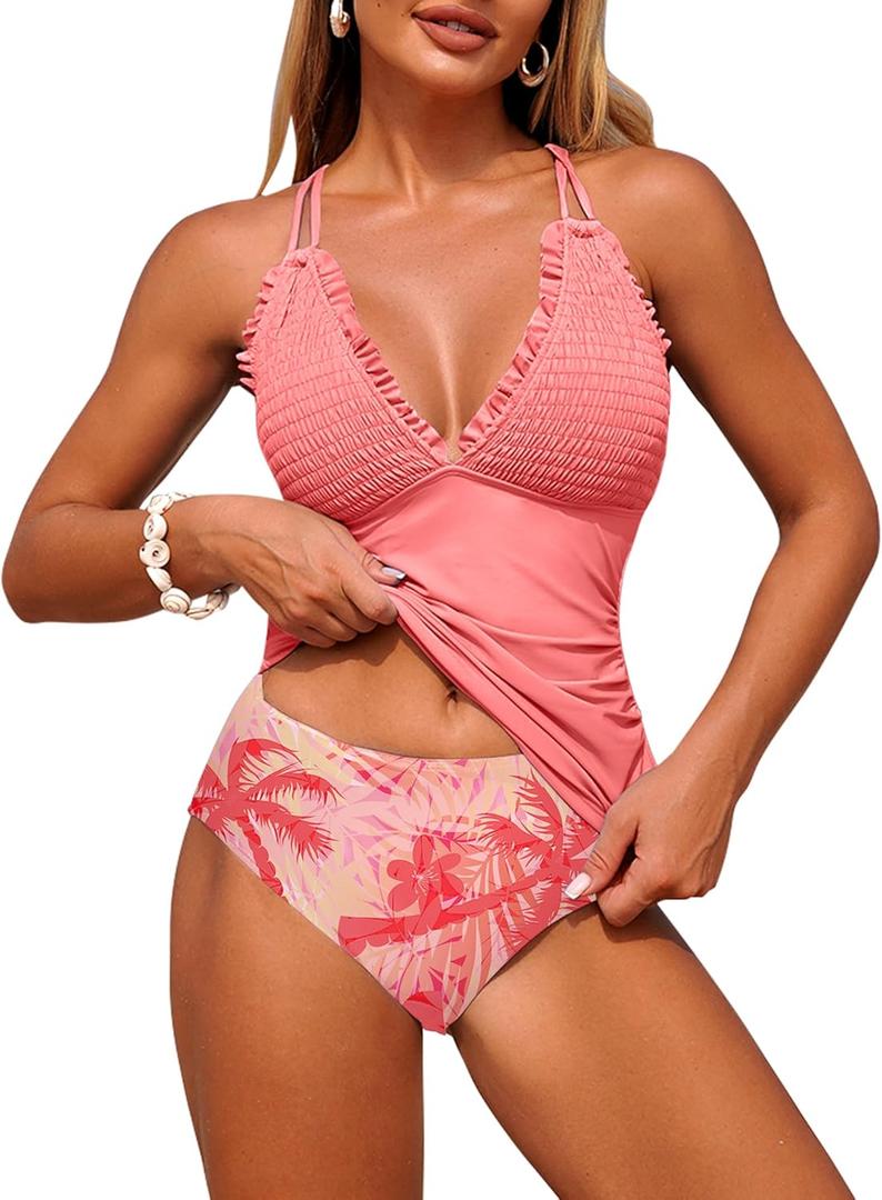 ZAFUL Womens Tankini Swimsuits Smocked 2 Piece Bathing Suits Modest Tie Back Swimwear (Large, Coral)