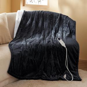 Bedsure GentleSoft Heated Blanket Throw - Soft Ribbed Flannel Electric Blanket, Heating with 4 Time Settings, 6 Heat Settings, and 3 hrs Timer Auto Shut Off, Gifts for Grandma (50x60 inches, Black)
