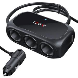 3-Socket Car Cigarette Lighter Splitter Adapter, 2 USB Splitter Extender [120W] [12V/24V] [3.1A Dual USB Car Charger] [Black] for Device with Emergency Warning Light