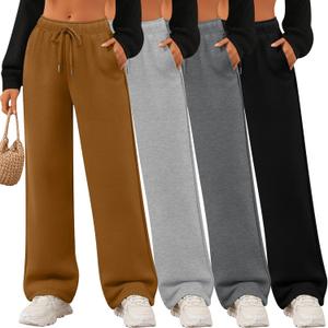 4 Pack Women's Wide Leg Sweatpants Drawstring Lounge Joggers for Women Straight Pants Elastic Waist with Pockets (XX-Large, Caramel, Light Gray, Dark Gray, Black)