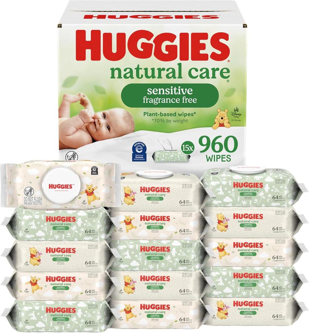 Huggies Natural Care Sensitive Baby Wipes, Unscented, Hypoallergenic, 99% Purified Water, 15 Flip-Top Packs (960 Wipes Total)