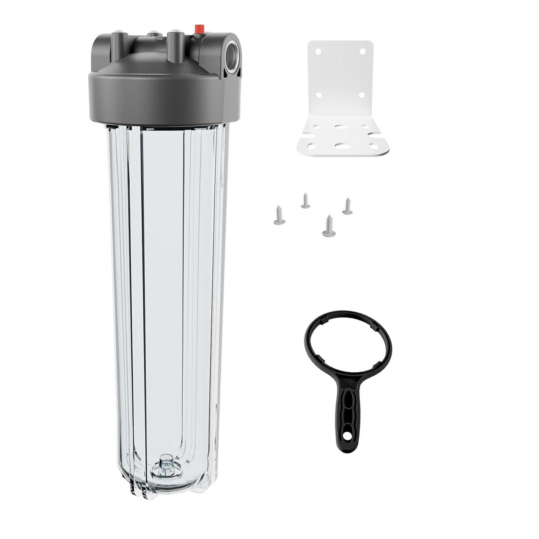 20" x 4.5" Whole House Water Filter Housing 1" NPT Stainless Steel Ports, Heavy Duty Clear Filter Sump Double O-Ring Leak-Proof with Pressure Release Valve Fits All 20x4.5 Filters