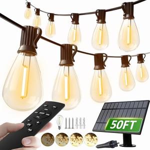 luckystyle 50FT Solar String Lights Outdoor Waterproof 2200K with Remote & USB Charging, 18+1 LED Shatterproof Bulbs, Dimmable & Timable, 3 Light Modes, Long Last for Garden,Patio, Backyard, Camping