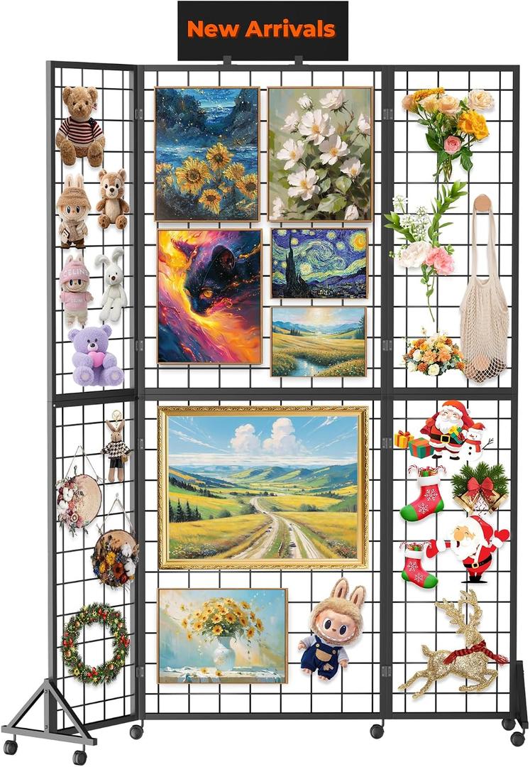 Foldable Grid Wall Panel, 6' x 4.25' Ft Gridwall Display Stand with Notice board, Heavy Duty Sturdy Floorstanding Wire Grid Display Rack, Movable Silent Wheel, Ideal for Retail & Art Craft Fairs
