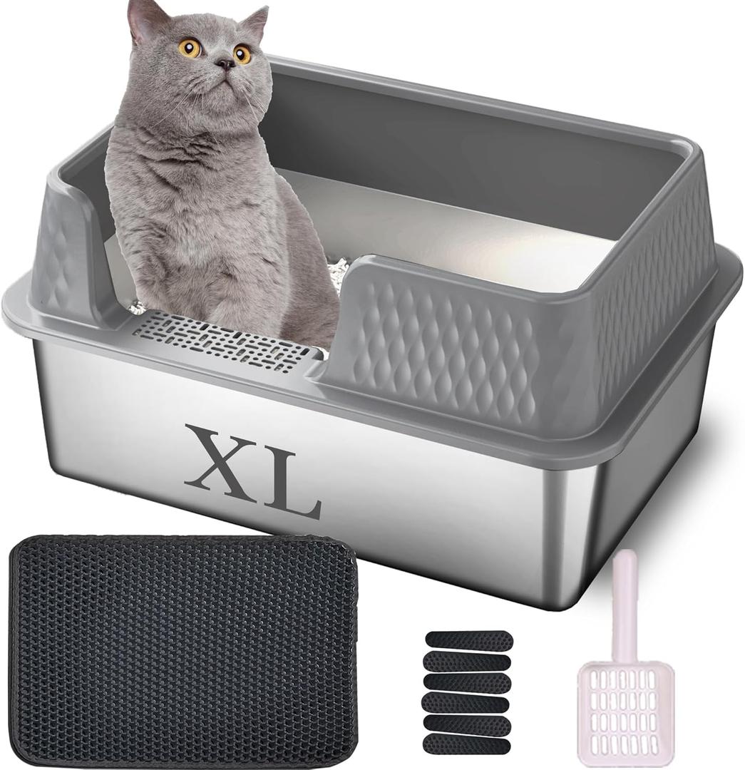 Suhaco Medium Stainless Steel Litter Box Side Entry High Walls Deep Metal Large Cat Litter Boxes Low Entry with High Sided Removable Lid, Litter Mat and Scoop Litter Pan (Tall Grey)