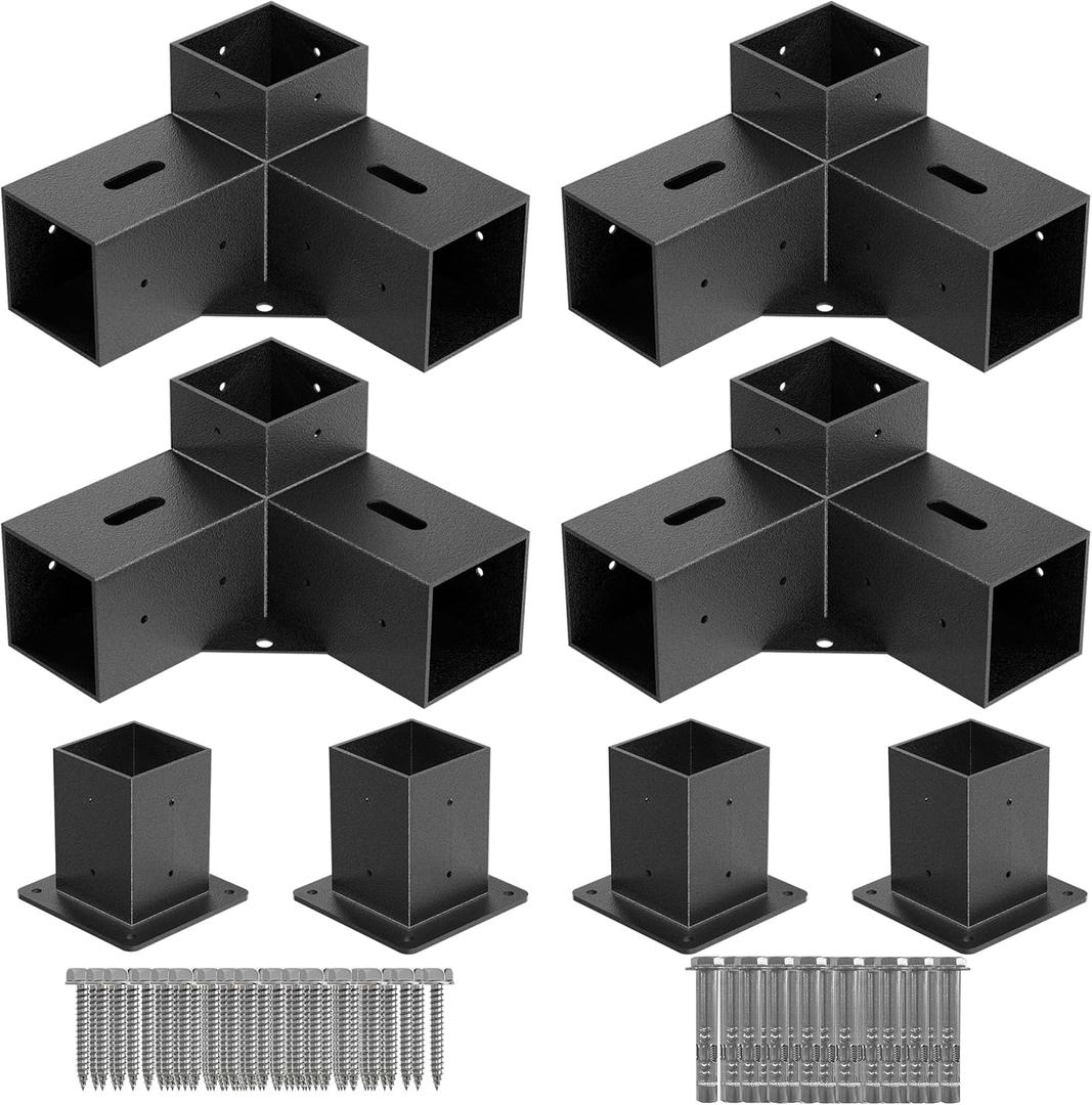 4x4 Pergola Bracket Kit - 8pcs (4pcs 3-Way Corner Brackets & 4pcs Post Base) for 4''x4'' Wooden Beams (Actual 3.6''x3.6'') - Includes Stainless Steel Hardware for Patio Pergolas & Outdoor Structures