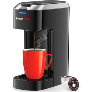 Bonsenkitchen Single Serve Coffee Maker K Cup Pod with 6-14oz Brew Size- 3 Min Fast Brewing Machine with Strength Control, BPA-free Materials, Fits 6.6" Travel Mugs, Silver, Upgrade, Black