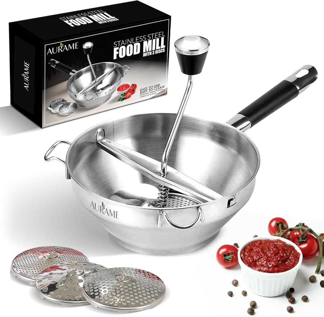 Premium Stainless Steel Food Mill - Effortless Pureeing, Straining & Milling for Soups, Sauces, Baby Food, and More  Includes 3 Interchangeable Discs  Durable & Easy-to-Clean Design