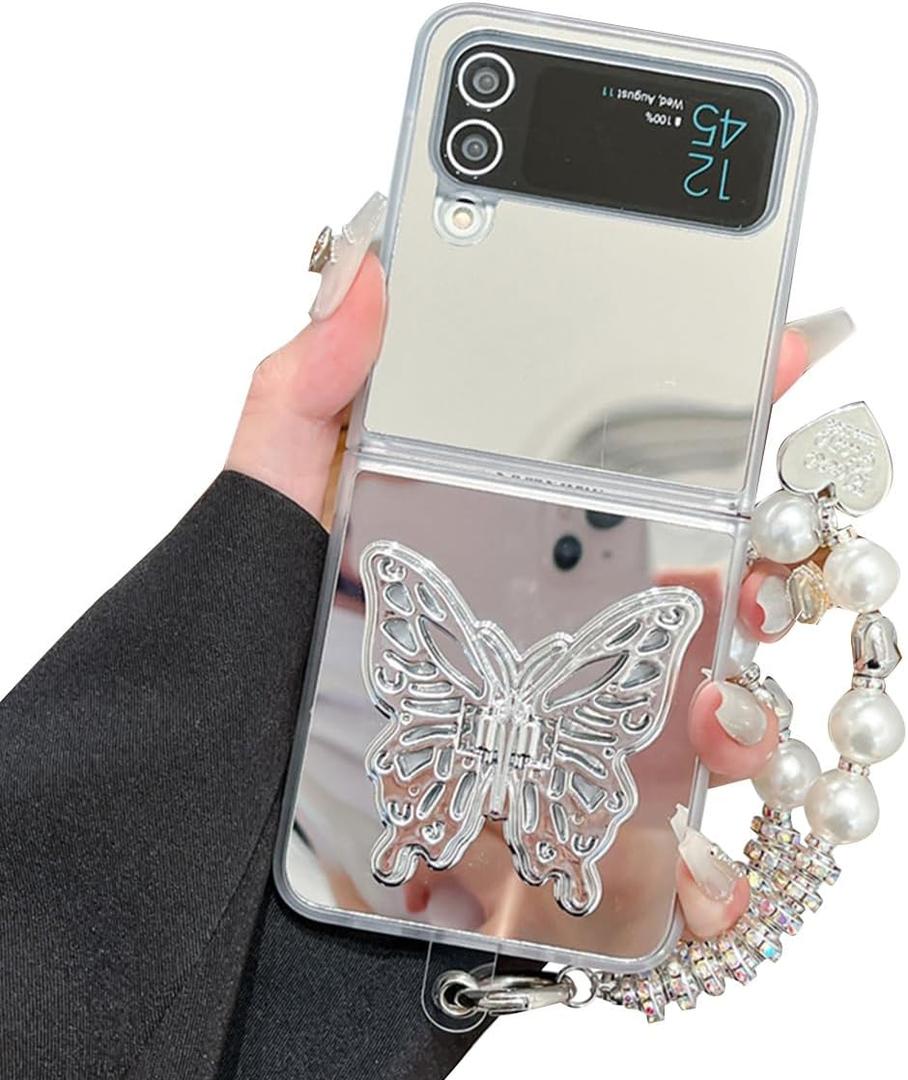 Cute Case for Samsung Galaxy Z Flip 4 Mirror Back and Butterfly Stand, Woman Aesthetic Strap Case Lovely Design, Girly Make-up Cover for Z Flip 4 (Mirror/Butterfly)