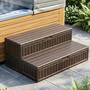 Hot Tub Steps with Storage Extra Wide, 2-Step Spa Stairs Non-Slip Heavy Duty 500 lbs, Easy Assembly, Slip-Resistant, Universal for Hot Tub, RV, Camper, Pool Deck & Bath Fits Any Size, Brown