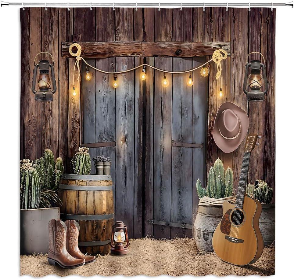 Western Cowboy Shower Curtain Farmhouse Barn Door Tropical Cactus Country Boots Lantern Guitar Retro Rustic Wooden Board Bathroom Decor Polyester Curtains with Hooks,70Wx70L