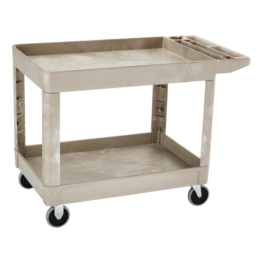 Rubbermaid Commercial Products Heavy Duty 2-Shelf Utility/Service Cart, Medium, Lipped Shelves, Storage Handle, 500 lbs. Capacity, Beige, for Warehouse/Garage/Cleaning/Maintenance