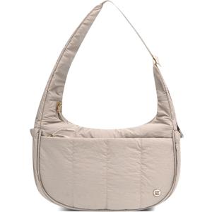 Puffer Crescent Shoulder Bag for Women, Small Nylon Puffy Quilted Shoulder Purse with Adjustable Strap & Multiple Pockets (Mocha Brown)