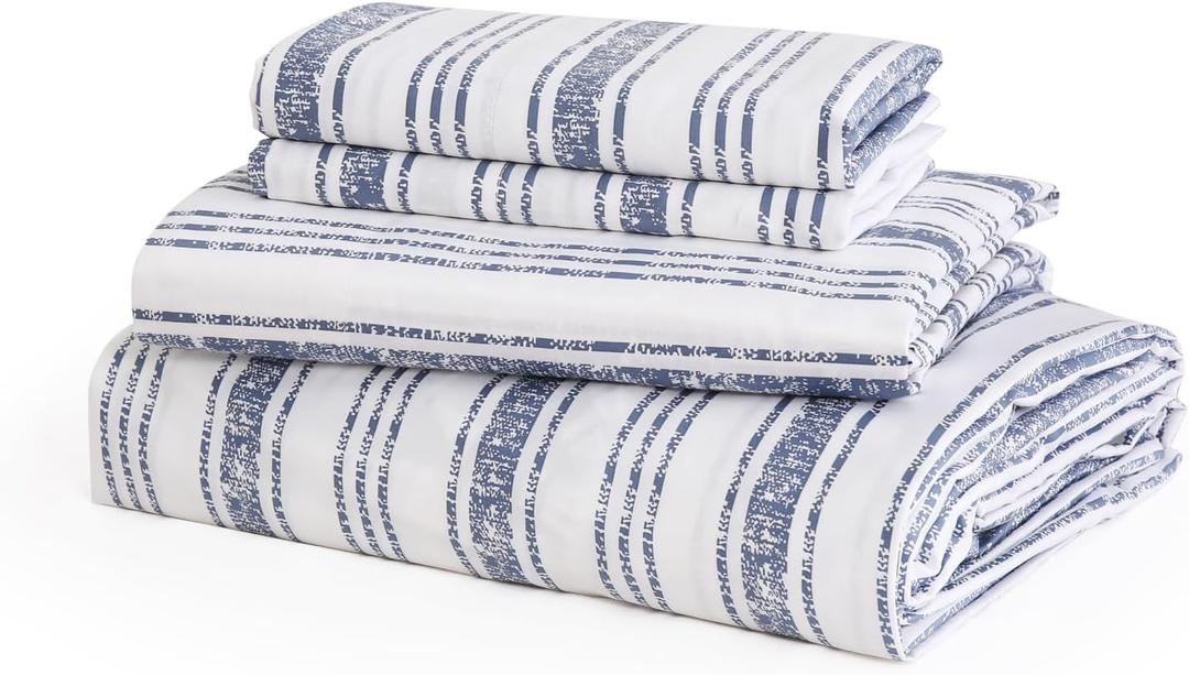 JSD 100% Cotton Queen Sheet Set, Neutral Blue Striped Bed Sheets, 300 Thread Count Sateen Weave, Deep Pocket Oeko-Tex Certified