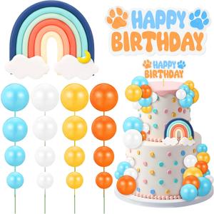 30 Pcs Blue Rainbow Cake Toppers with Blue Orange Ball Happy Birthday Cake Toppers for Birthday Wedding Party Supplies