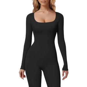 HYZ Women's Fall Long Sleeve Square Neck High Stretchy Fitted Going Out One Piece Jumpsuit (Black, S)