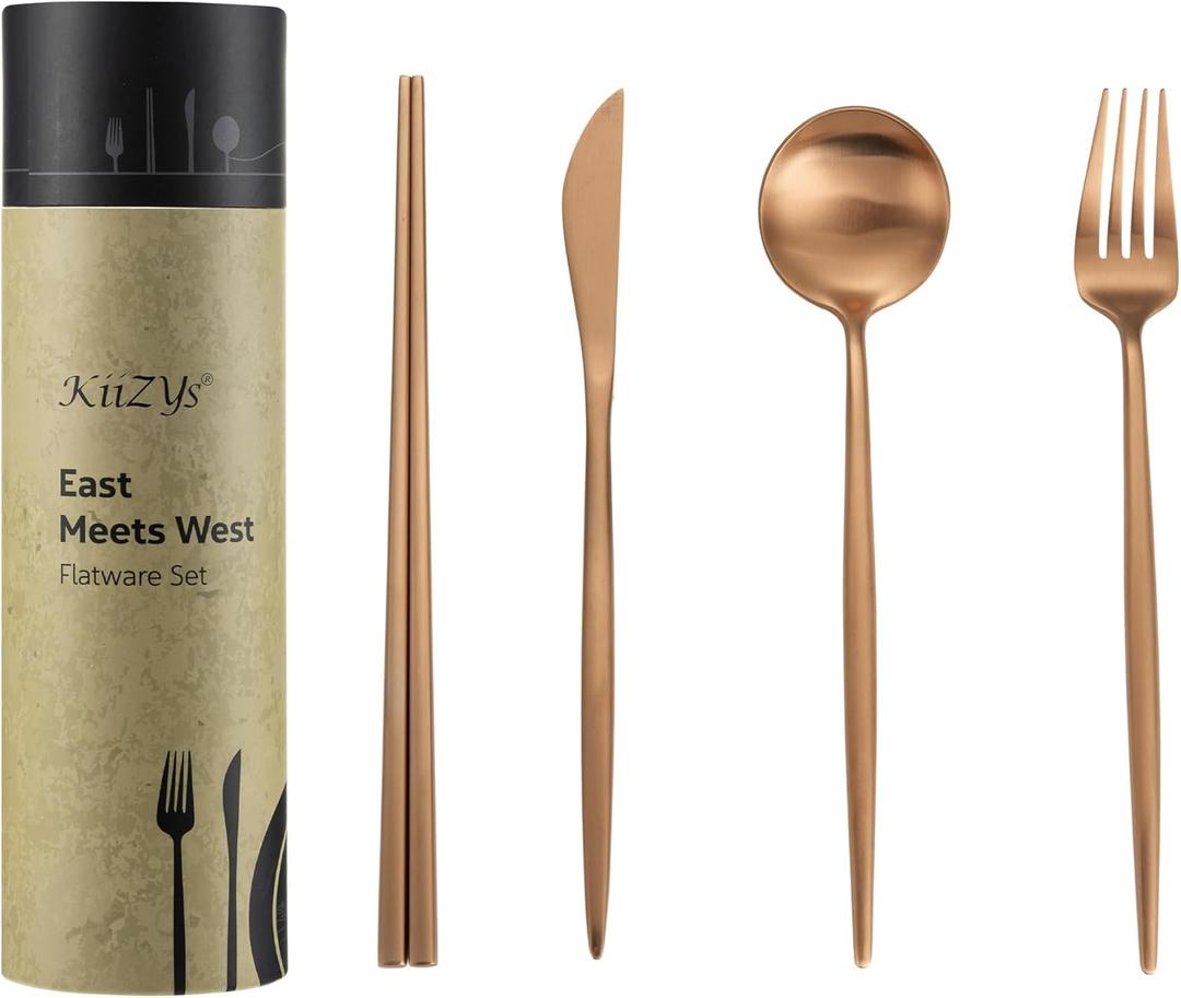 Matte Copper Flatware Set - KiiZYs 8-piece Stainless Steel Utensil Set - Modern Silverware Cutlery Set Bronze - Chopsticks Fork Spoon Knife Set Kitchen - Christmas Gift Box For Mom (Copper, Set for 2)