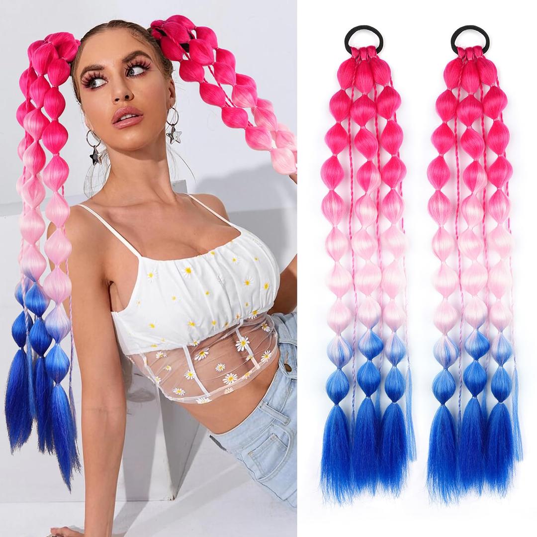 LyoRuSi 2 Pcs 22 Inch Lightweight Colored Hair Extensions for Women Bubble Ponytail Extension with Hair Tie, Ombre Crazy Hair Day Accessories for Women for EDC Festival Rave (Red/Pink/Deep Blue)
