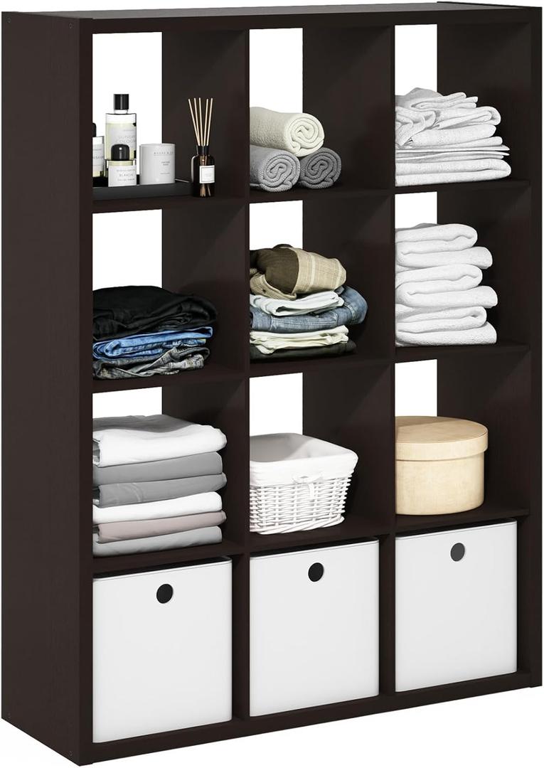 Furinno Cubicle Book Shelf, 12-Cube Thick Frame Bookshelf, Reversible Bookcase with Open Back, 14.6 x 43.8 x 58, for Living Room, Bedroom, Home Office, Black Dark Oak