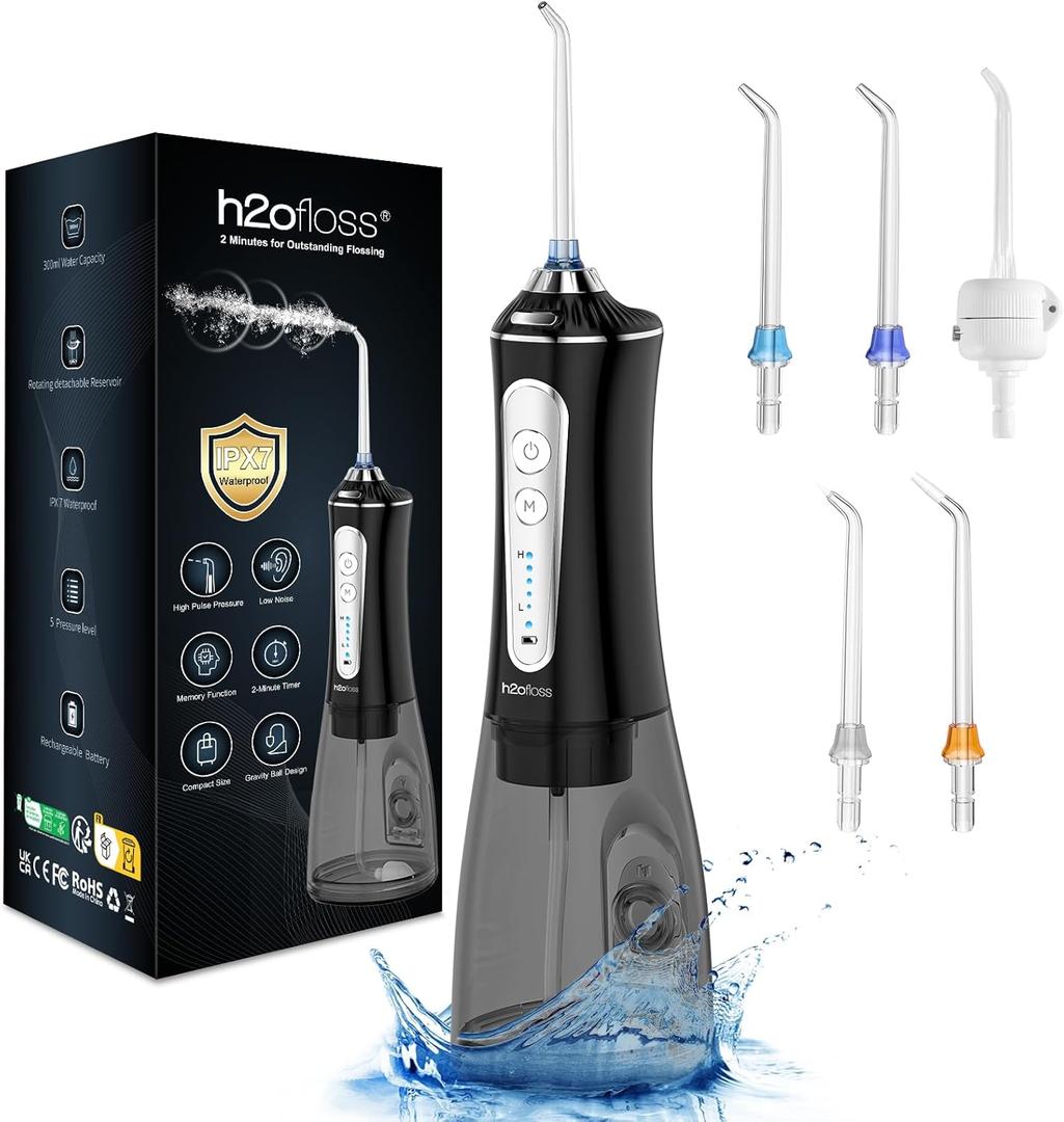 H2ofloss Water Dental Flosser for Teeth Cleaning,Cordless Water Teeth Cleaner Picks,Portable & Rechargeable Oral Irrigator with 5 Modes,IPX7 Waterproof Powerful Battery for Home Travel-Black