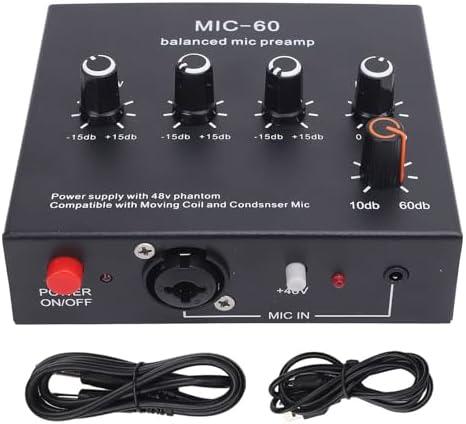 Denash Microphone Preamp, Mic Gain Booster, 48V Power XLR/6.35mm/3.5mm Input Output Dynamic and Condenser Mic Booster, Max 60dB Gain