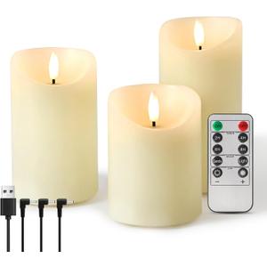 Rechargeable Candles with Remote, Real Wax Pillar Candles Come with USB Charging Cable, 3D Realistic Wick Flameless Candles for Seasonal Holiday Romantic Home Decor, D 3''H 4'' 5'' 6'', 3 Pcs