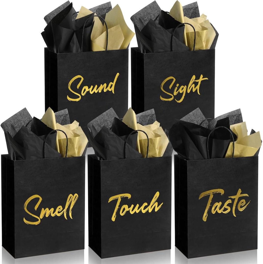 DANIUBE 5 Senses Gift Bags, Sight Smell Touch Taste Sound Hot Stamping Gift Bag with Tissue Paper Ribbon Handle for Him Her Birthday Wedding Anniversary Graduation Party Supplies, (15 PCS)