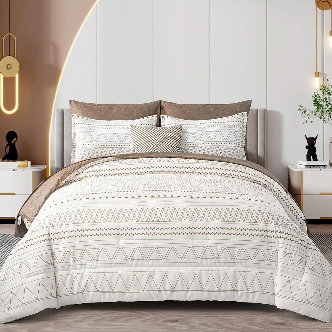 WONGS BEDDING Brown Boho Comforter Set Queen 7 Pieces Bed in a Bag Geometric Striped Comforter Reversible Soft Microfiber Bedding Set with Pillowcases,Flat Sheet,Fitted Sheet,Pillow Shams