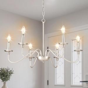 Depuley Modern Chandelier for Dining Room: 6-Light Brushed Nickel Farmhouse Hanging Ceiling Pendant Light Fixture for Kitchen Island - Industrial Vintage Candle Chandeliers for Living Room
